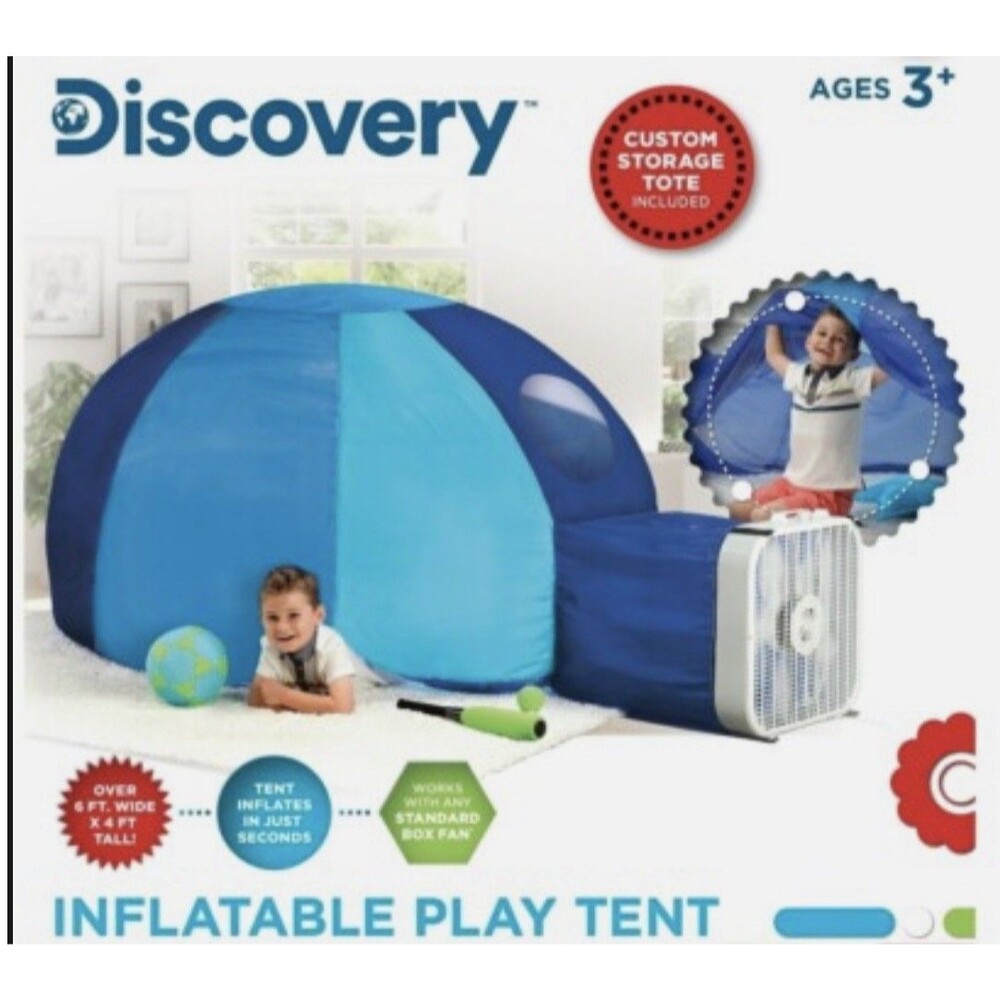 Discovery Kids Inflatable Play Tent Blue Indoor Fort Box Fan Powered 77” x 50”